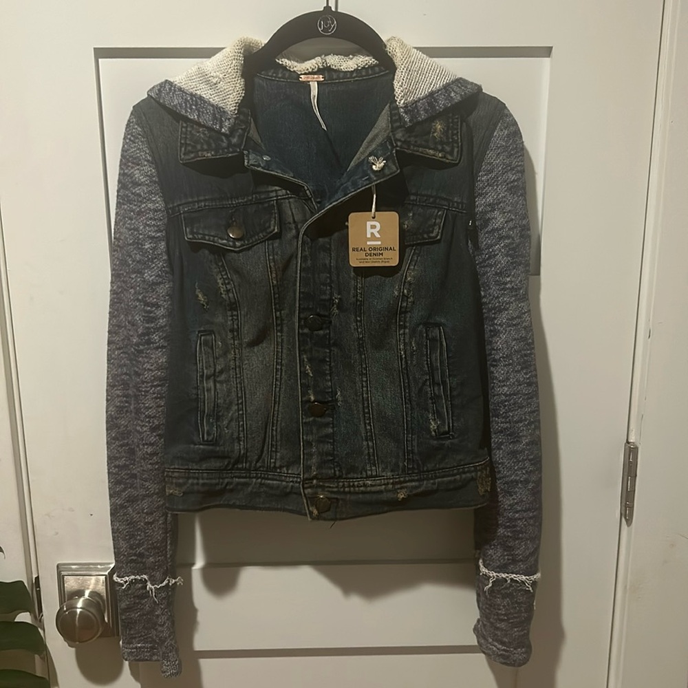 Free People Distressed Denim Knit Hooded Jacket sz XS